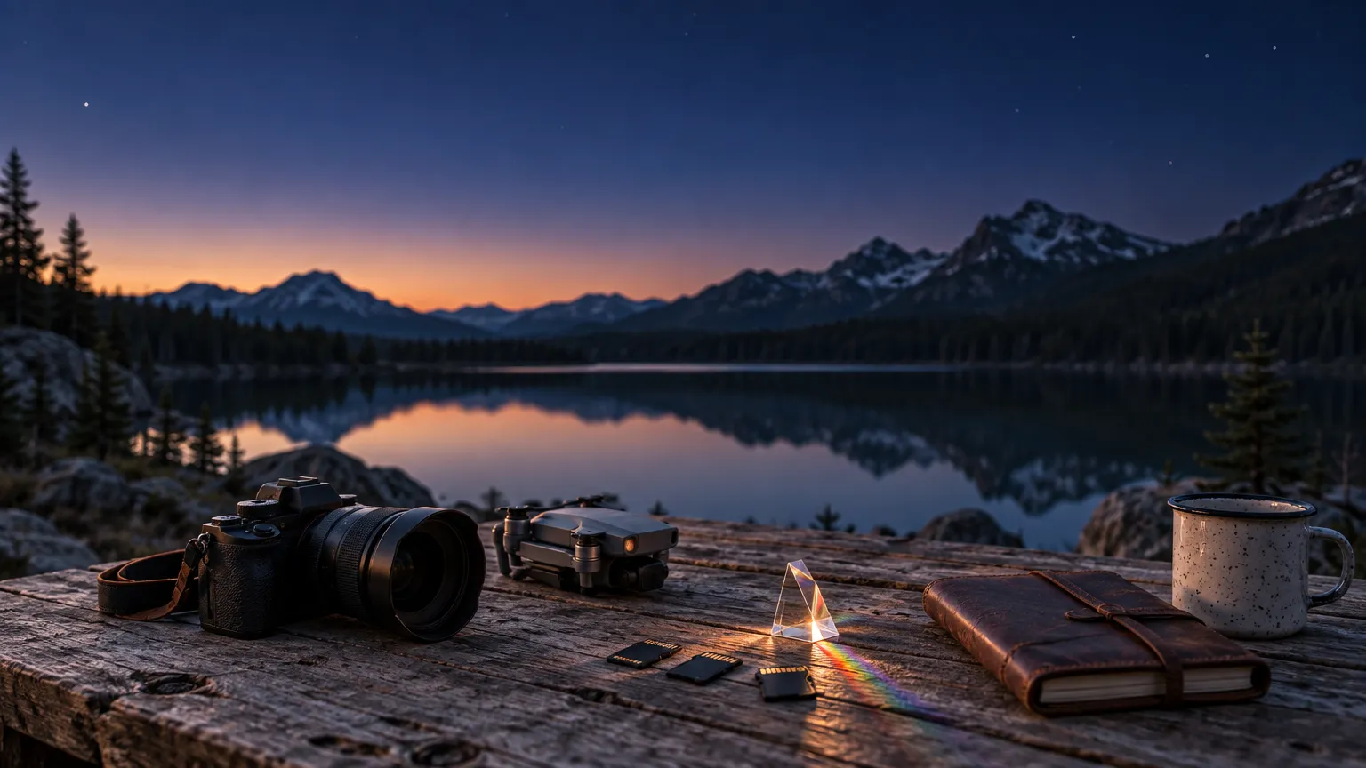 A camp table by a mountain lake at dusk, with a camera, a folded drone and memory cards, and a small glass prism casting a rainbow across the cards